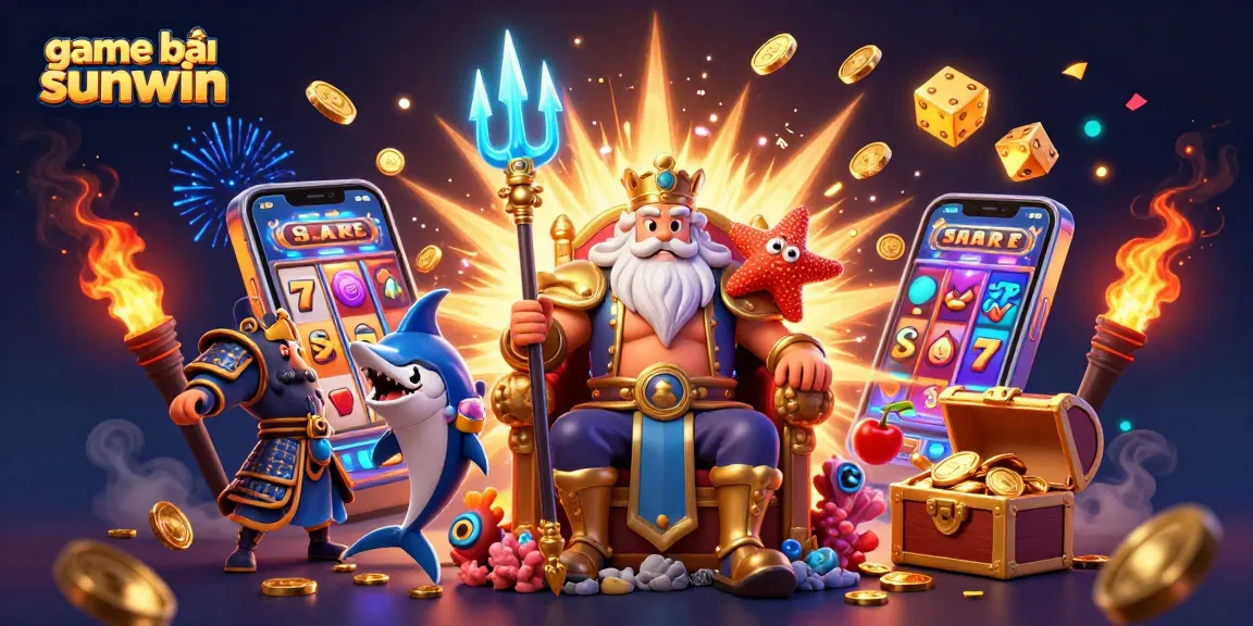 Experience game bài sunwin with Neptune and a jackpot explosion in this vibrant casino illustration.