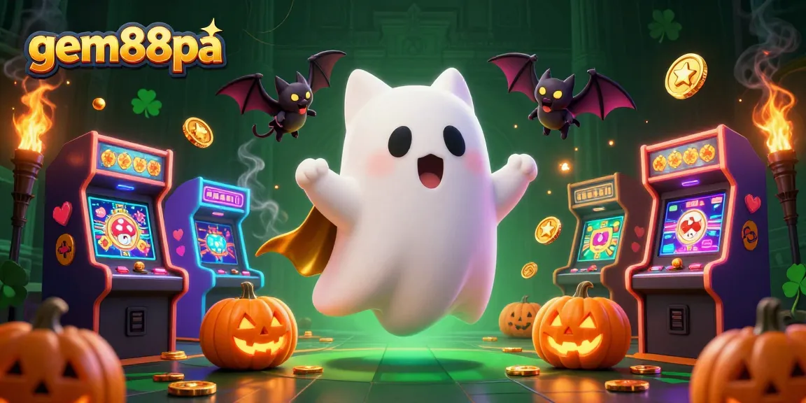 Experience gem88pa's thrilling casino adventure with a friendly ghost cat and bat companion.