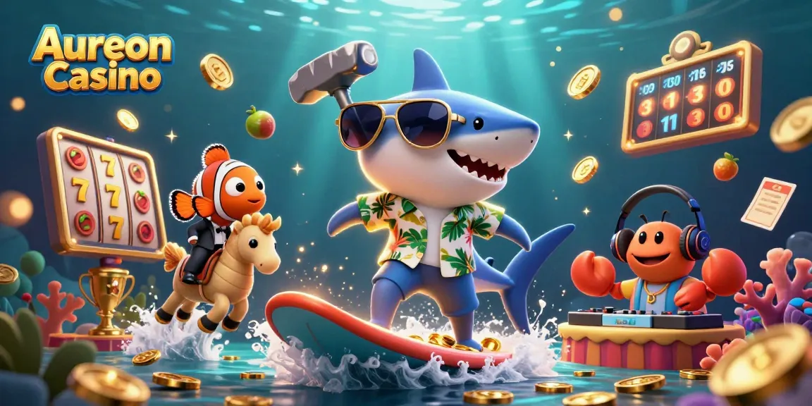 Aureon Casino features a dynamic scene with a shark surfing gold coins surrounded by slot game elements.