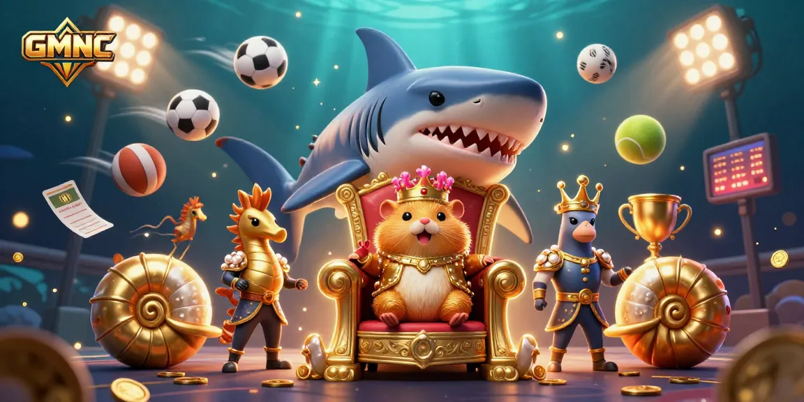 Engage in thrilling gameplay with GMNC as a dynamic scene featuring a golden hamster king and sports elements.