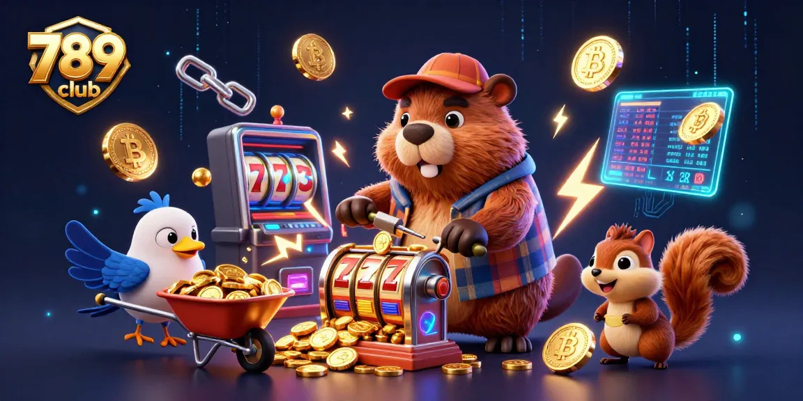 Spin the reels with 789 club as the beaver collects coins raining from a slot machine.