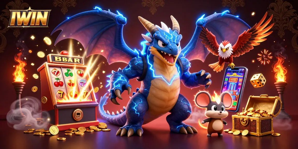 IWIN casino features a thunder dragon, wind hawk, and thunder mouse amidst a jackpot explosion.