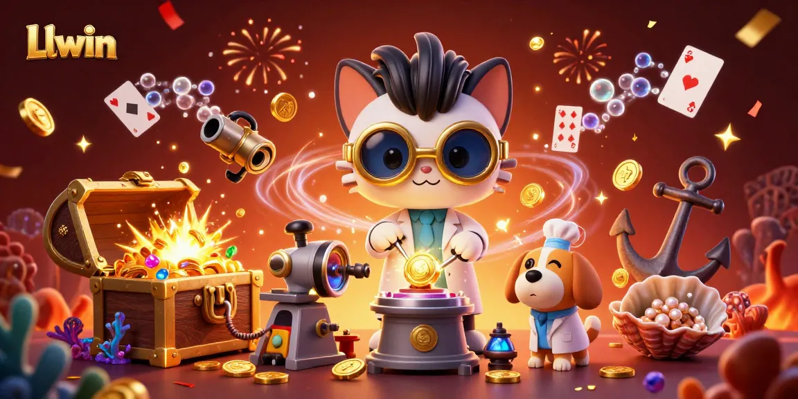 Llwin immersive illustration showcasing a mad scientist cat with coins, amidst vibrant gaming elements.