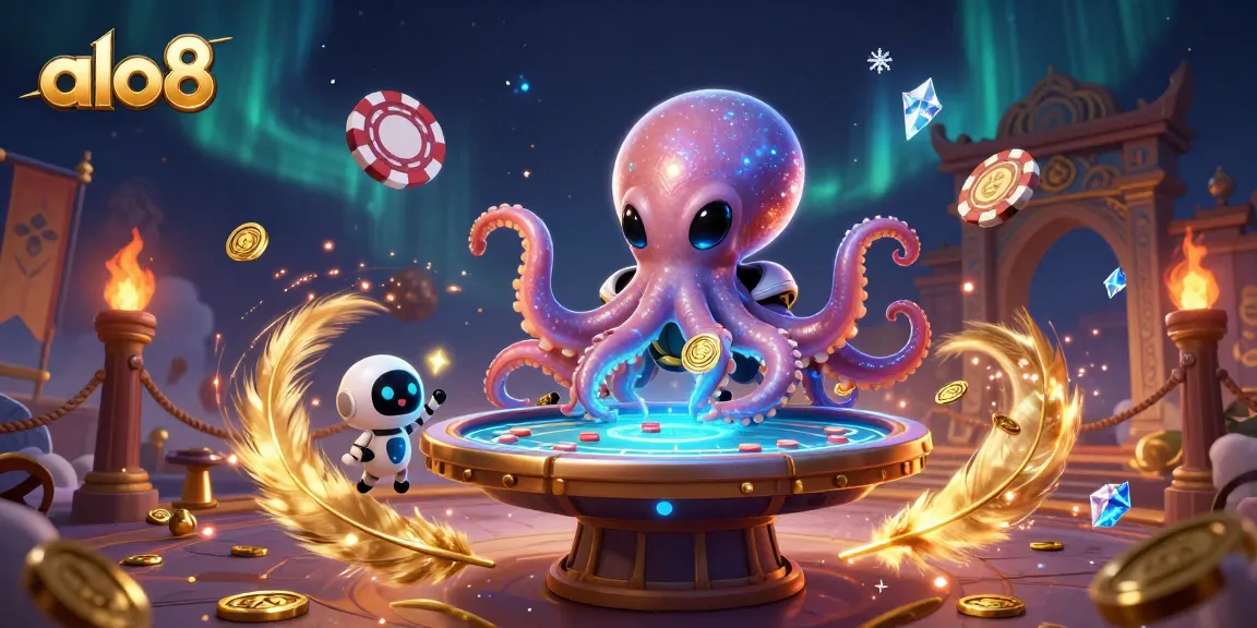 Engage in thrilling gameplay with ALO8 as the alien octopus spins holographic poker chips in a vibrant cosmic setting.