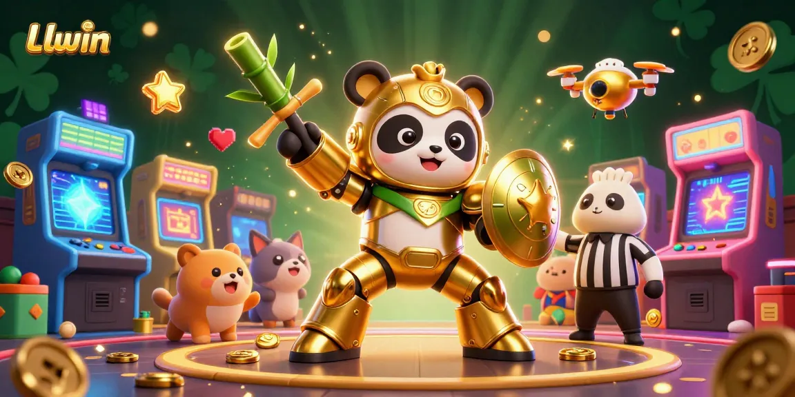 Experience thrilling action at Llwin with a mech-suit panda in a vibrant 3D casino battle arena.
